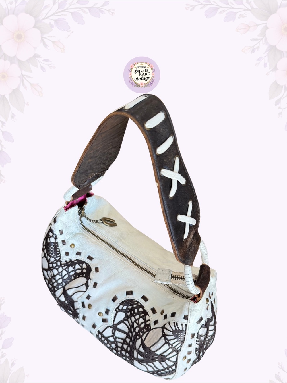 Vintage Western Betsey Johnson Leather Shoulder Bag • Y2K White & Brown Hobo - Picture 8 of 13